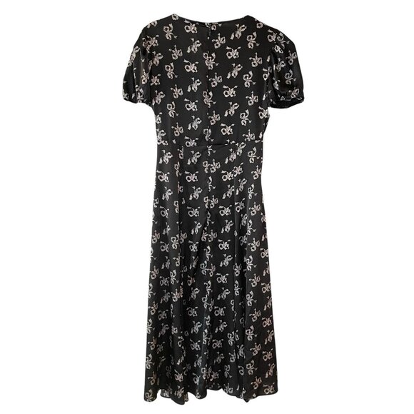 Betsey Johnson Classic Bow‎ Print A-Line Satin Midi Dress V-Neck Coquette Tea 0 - Picture 2 of 8